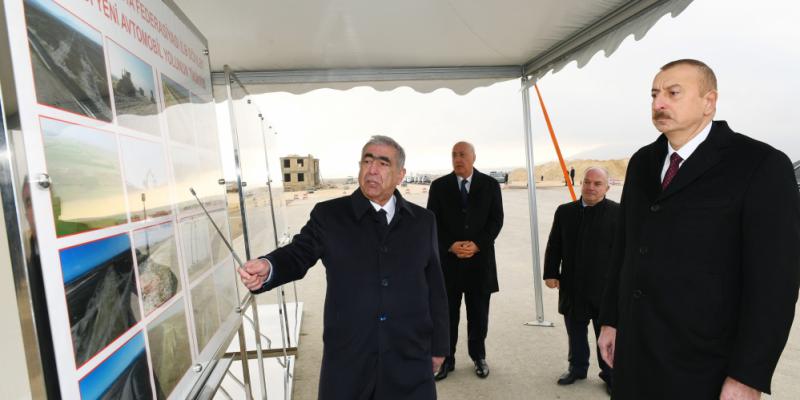 Президент Ильхам Алиев ознакомился со строительством новой автомобильной дороги Баку-Губа-государственная граница Российской Федерации 