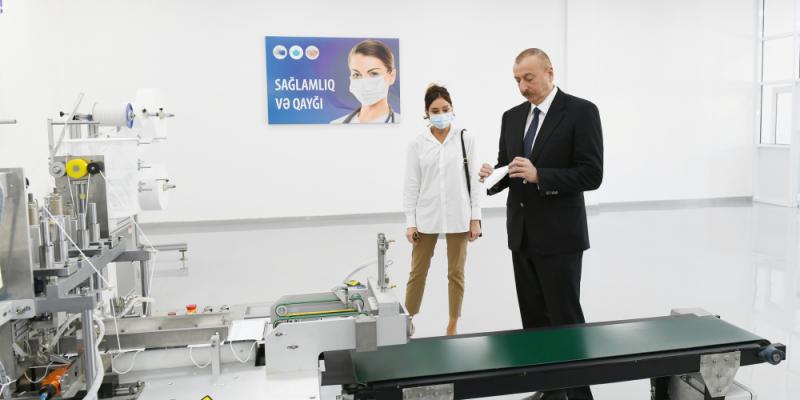 President Ilham Aliyev and first lady Mehriban Aliyeva attended opening of face mask factory and protective coverall plant in Sumgayit 