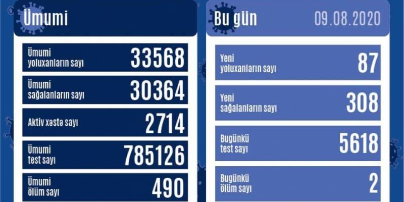 В Азербайджане от коронавируса выздоровели еще 308 человек, зарегистрировано 87 новых фактов заражения