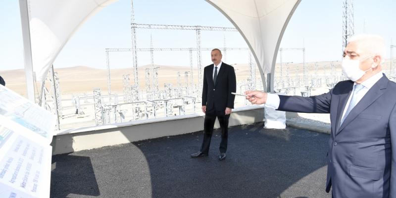 Президент Ильхам Алиев ознакомился со строительством 330/220/110-киловольтной электроподстанции «Гобу»