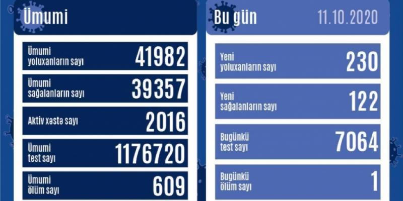 Azərbaycanda koronavirus infeksiyasına 230 yoluxma faktı qeydə alınıb, daha 122 nəfər sağalıb