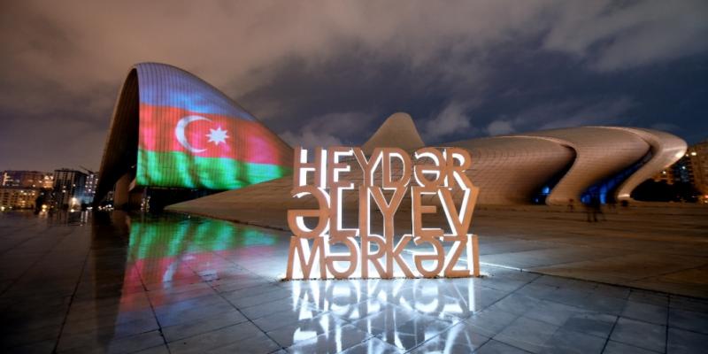 Heydar Aliyev Center, Flame Towers and Baku Olympic Stadium lit up with colors of Azerbaijani flag in commemoration of Patriotic War martyrs