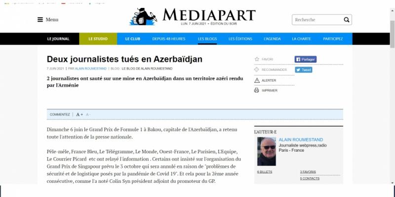 Fransanın “Mediapart” portalı minaya düşərək həlak olmuş azərbaycanlı jurnalistlərdən yazıb