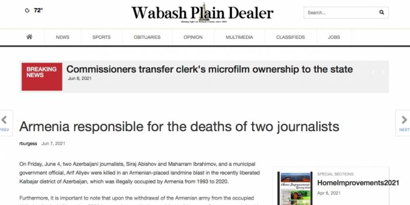 Wabash Plain Dealer: Армения ответственна за гибель двух журналистов