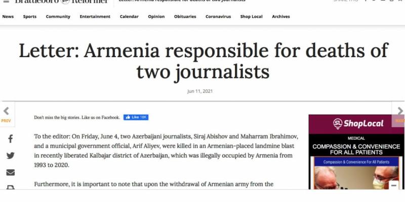 Brattelboro Reformer: Армения ответственна за гибель двух журналистов