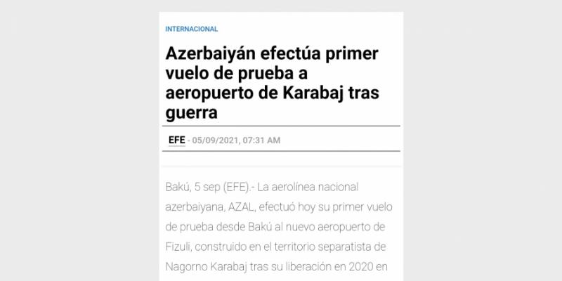 Испаноязычная печать пишет о первом рейсе, совершенном в аэропорт Карабаха