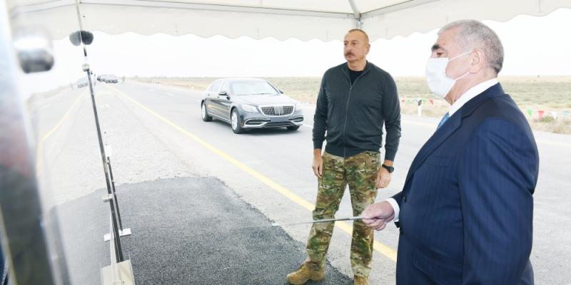 Президент Ильхам Алиев принял участие в открытии автодорог, ведущих в поселок Суговушан и село Талыш Тертерского района 