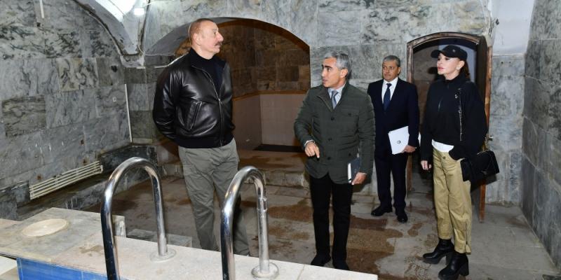 President Ilham Aliyev and First Lady Mehriban Aliyeva viewed restoration work carried out in administrative building and Shirin Su Bath in Shusha