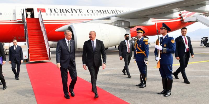 President of Turkiye Recep Tayyip Erdogan arrived in Azerbaijan for official visit First official welcome ceremony at Zangilan International Airport 