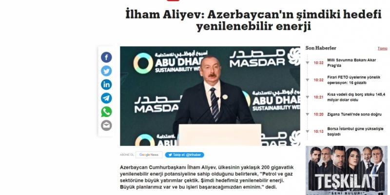 Azərbaycan Prezidentinin Əbu-Dabidəki çıxışı Türkiyə mediasında geniş işıqlandırılıb