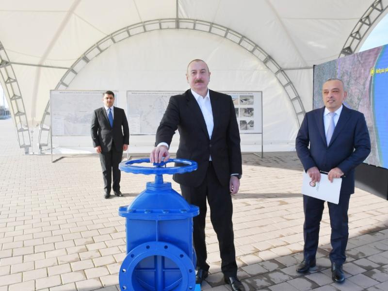 Президент Ильхам Алиев принял участие в мероприятии, посвященном сдаче в эксплуатацию систем обеспечения питьевой водой города Нефтчала