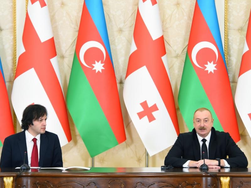 Президент Ильхам Алиев и Премьер-министр Грузии Ираклий Кобахидзе выступили с заявлениями для прессы 