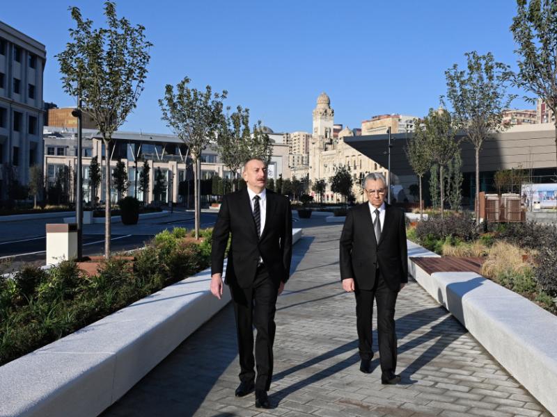 President Ilham Aliyev reviewed upgraded conditions following landscaping and reconstruction efforts in front of Baku Railway Station and 28 May metro station