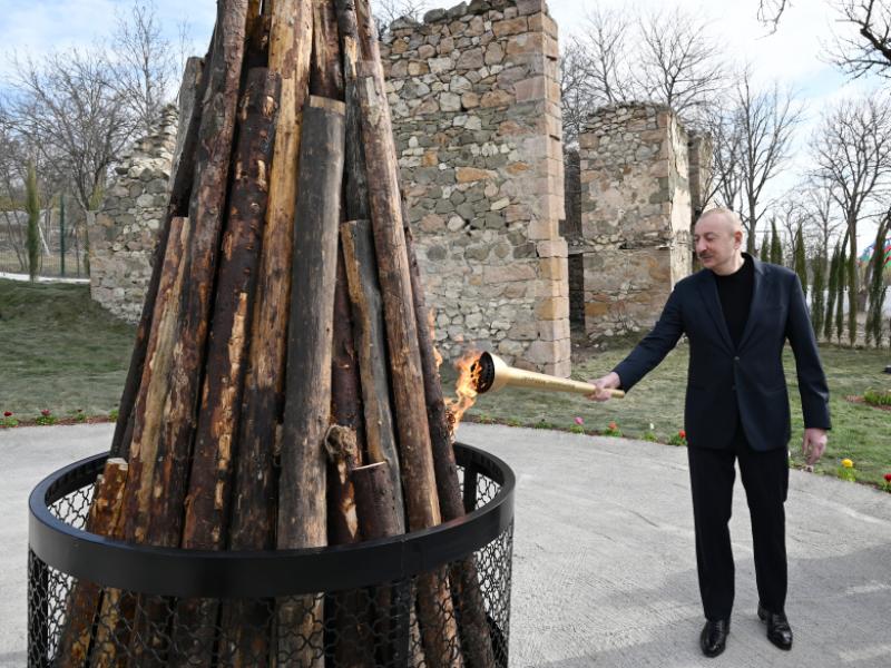 President Ilham Aliyev and First Lady Mehriban Aliyeva lit Novruz bonfire together with residents of Hasanriz village in Aghdara