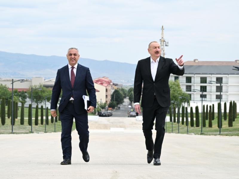 President Ilham Aliyev reviews construction work at Victory Park in Khankendi