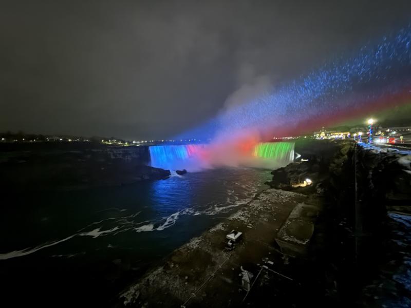 Niagara Falls lit up with colors of Azerbaijani Flag