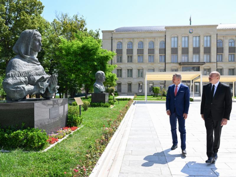 Presidents Ilham Aliyev and Peter Pellegrini viewed bullet-riddled busts of Azerbaijan’s prominent figures in Shusha